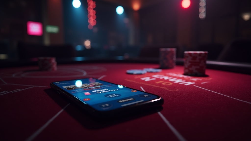 Smartphone mit sicherem App-Download in dunkler Casino-Atmosphäre