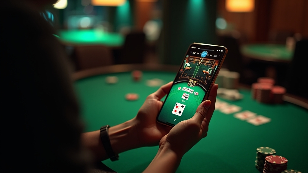 Spieler nutzt die App im Alltag auf dem Smartphone in einer Casino-Atmosphäre