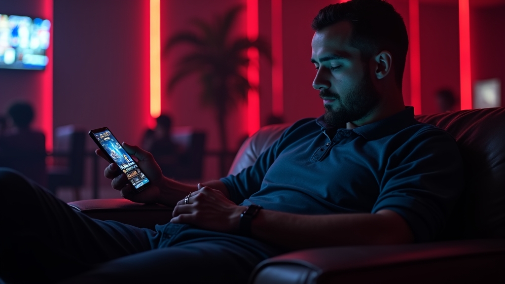 Nutzer prüft die App entspannt auf dem Smartphone in dunkler Casino-Atmosphäre